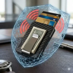 An illustration of a carbon fiber card holder blocking RFID signals to protect credit card data