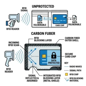 Conceptual diagram demonstrating RFID-blocking technology in a best carbon fiber wallet.