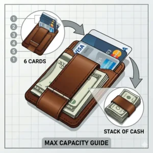 Illustration 2: A technical diagram showing the maximum storage capacity of the card and cash clip.