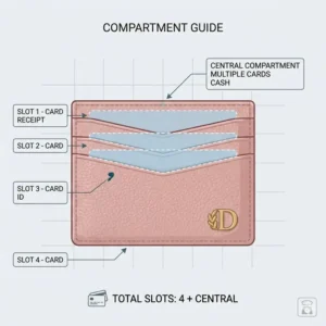 A diagram illustrating the four-slot capacity and central pocket of a hot pink designer card holder.