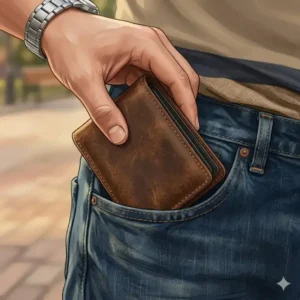 A minimalist money clip card case being placed into a front pocket of blue jeans.