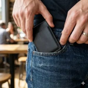 A thin black card wallet sliding easily into the front pocket of blue denim jeans.