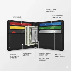Illustration 2: Internal view showing card slots and the central spring-loaded mechanism of a clip bifold wallet.