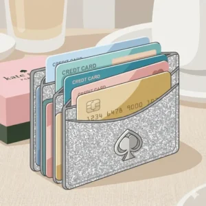 A functional view of a kate spade glitter card holder with multiple cards placed in its slots.
