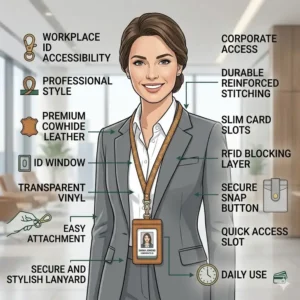 Close-up of a business woman wearing a stylish designer id badge holder around her neck in an office setting.