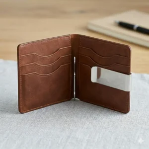 Interior view of a slim bi fold money clip wallet with multiple credit card slots.