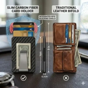 A side-by-side comparison showing the ultra-slim profile of a carbon fiber card holder versus a leather wallet.