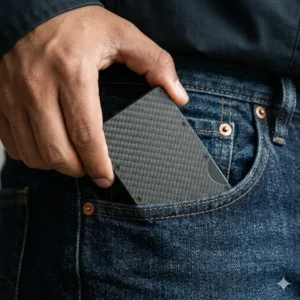 A person sliding a slim best carbon fiber wallet into their front pocket for everyday carry.