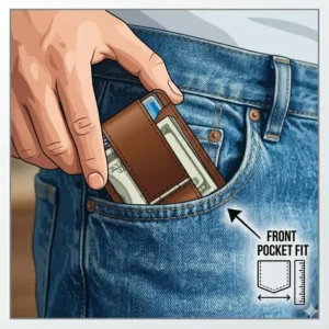 Illustration 3: A lifestyle drawing of a card and cash clip fitting perfectly into a front denim pocket.