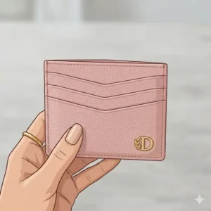 An illustration of a hand holding a light pink designer card holder to demonstrate its palm-sized, ergonomic design.
