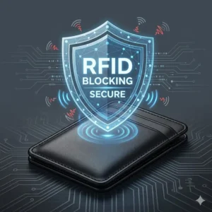 Digital illustration of a black card wallet with an RFID blocking shield icon for security.
