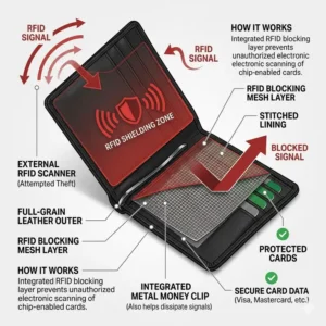 Illustration 3: Technical diagram of the RFID blocking layers integrated within the clip bifold wallet for security.