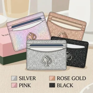 Different color options available for the kate spade glitter card holder including pink and rose gold.