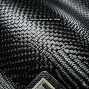 A high-resolution close-up showing the 3K twill weave texture of a premium carbon fiber card holder.