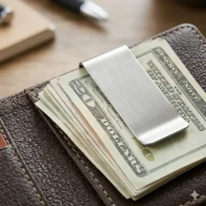 Durable metal holder money clip securing a stack of banknotes firmly.