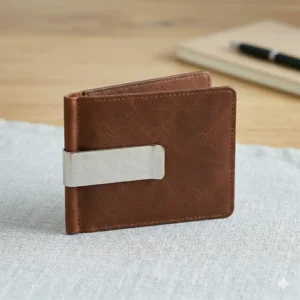 A minimalist bi fold money clip wallet in a classic brown grain finish.
