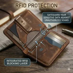 Technical diagram of the RFID blocking layers inside a money clip card case.