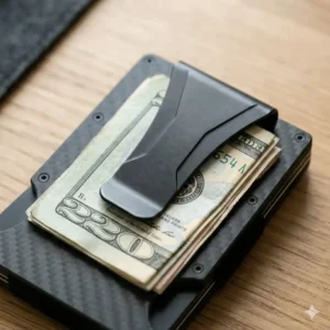 Close-up of the integrated metal money clip on a best carbon fiber wallet.