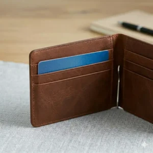 Close-up of the organized card compartments inside a bi fold money clip wallet.