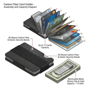 A technical diagram of a carbon fiber card holder fanning out 12 cards for easy access.