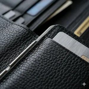 Macro shot showing the high-quality pebble-grain leather texture of a black card wallet.