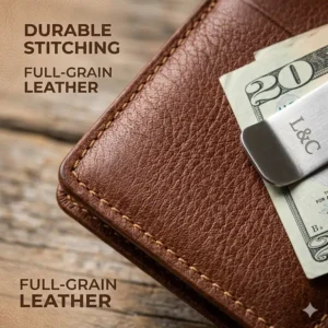 Illustration 4: Close-up of the high-quality full-grain leather and durable stitching on a clip bifold wallet.
