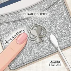 Close-up texture illustration of the durable and non-shedding kate spade glitter card holder material.