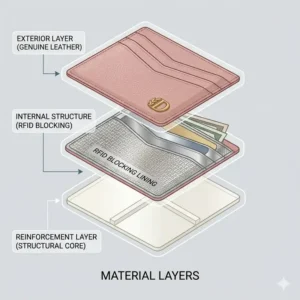 Technical illustration showing the RFID-blocking lining and genuine leather layers of a pink designer card holder.
