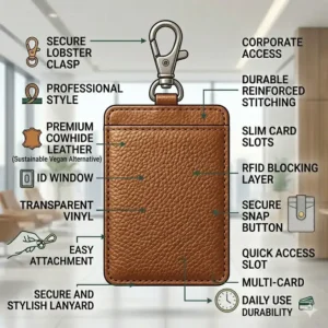 High-resolution close-up showing the pebbled leather texture and stitching of a designer id badge holder.