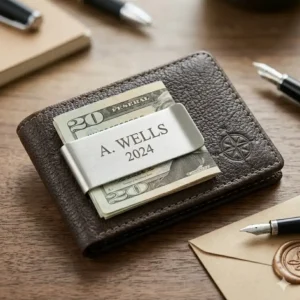 A custom engraved holder money piece presented as an elegant gift.