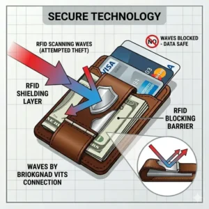 Illustration 4: An educational graphic demonstrating the RFID protection layers of the card and cash clip.
