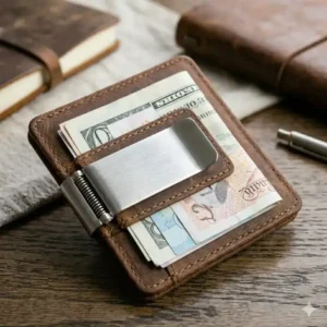 Close-up detail of the heavy-duty metal clip on a money clip card case holding dollar bills.