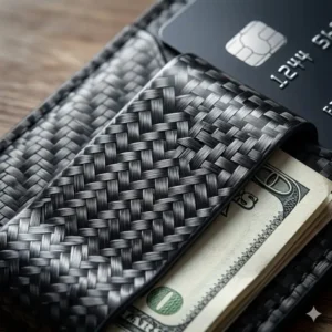 A detailed close-up showing the high-quality material finish of the card and cash clip.