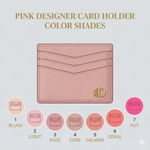 A color palette illustration featuring various shades of pink designer card holders ranging from blush to fuchsia.