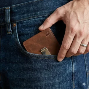 A compact bi fold money clip wallet being placed easily into a front pocket.
