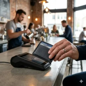 A person using a black card wallet to make a contactless payment at a modern cafe.