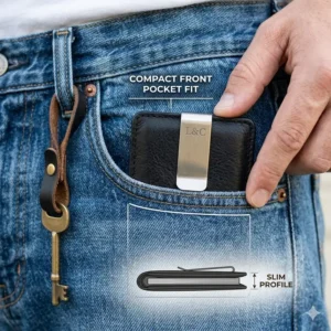 Illustration 5: Demonstration of how a slim clip bifold wallet fits perfectly into a front trouser pocket.