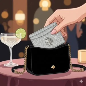 A stylish kate spade glitter card holder being placed into a small designer evening bag.