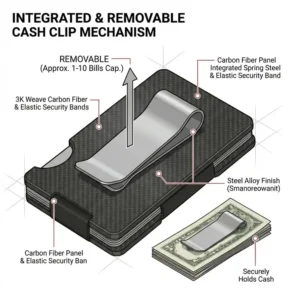 A carbon fiber card holder featuring a removable stainless steel money clip for cash storage.