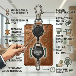 A functional designer id badge holder attached to a heavy-duty retractable carabiner reel for easy access.