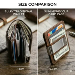 Side profile comparison showing how much thinner a money clip card case is versus a standard wallet.