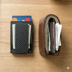 Side-by-side comparison of a bulky leather wallet and a sleek best carbon fiber wallet.