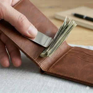 Detailed shot of the high-tension metal clip inside a bi fold money clip wallet.