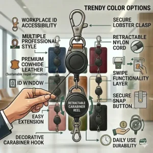 A collection of various trendy color options available for this specific designer id badge holder model.