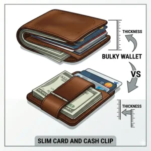 A side-by-side comparison between a bulky traditional wallet and a minimalist card and cash clip.