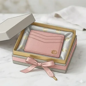 Illustration of a pink designer card holder inside a luxury branded gift box with a ribbon.