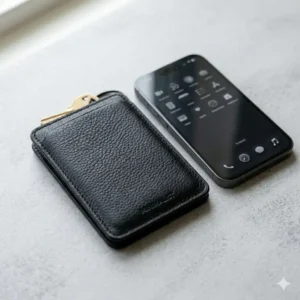 A black card wallet placed next to a smartphone to show its compact and minimalist size.