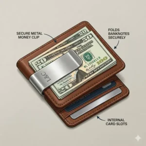 Illustration 6: Detailed view of the functional metal money clip holding banknotes inside a clip bifold wallet.