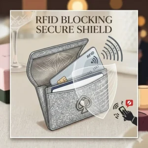 Security feature illustration showing how the kate spade glitter card holder protects against RFID scanning.