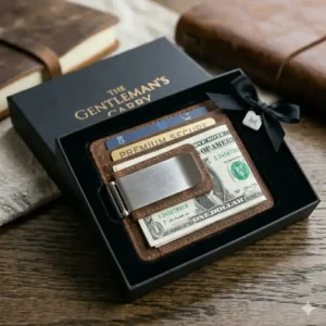 A premium money clip card case presented in a stylish black gift box.